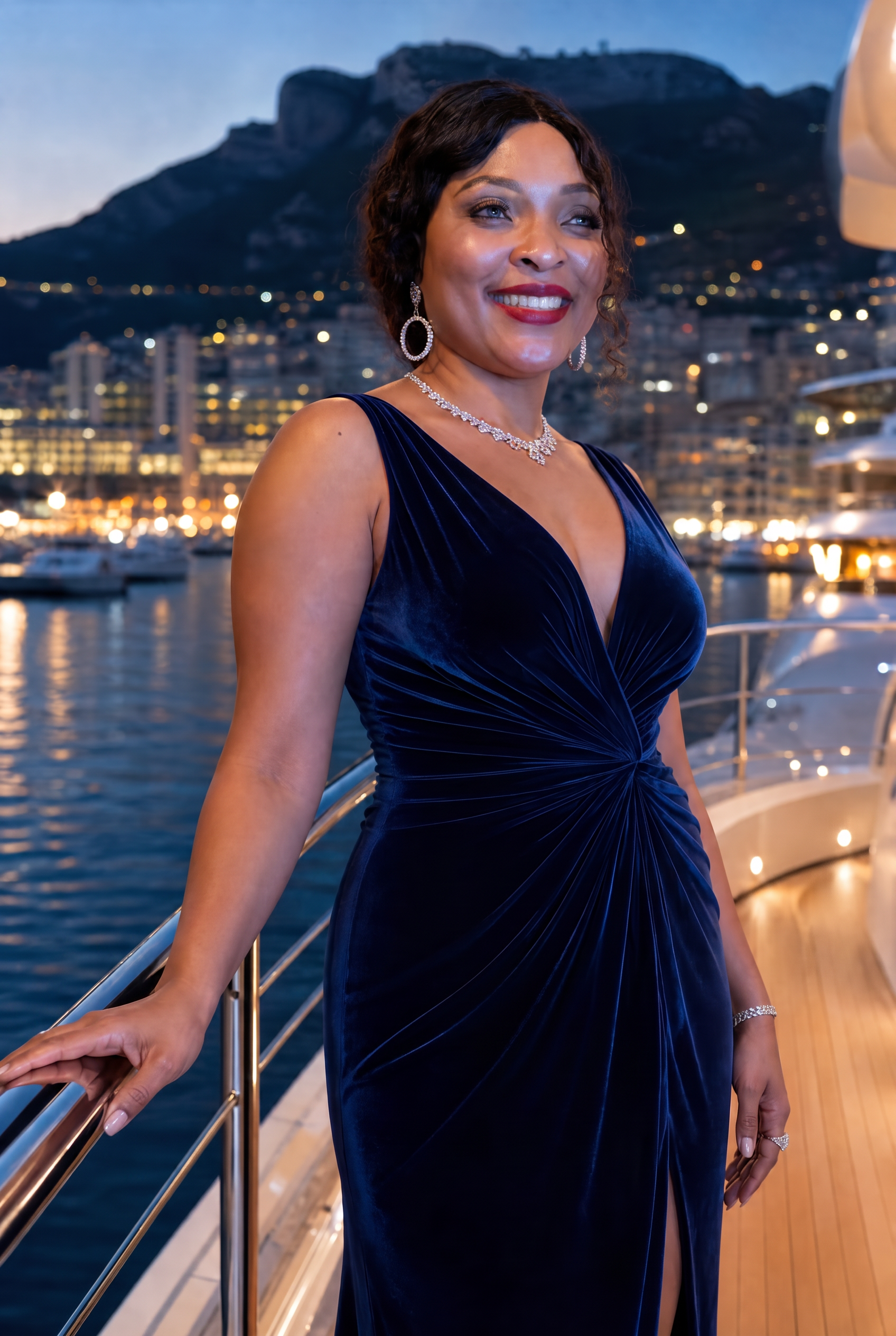 Fondatrice Madiva en robe de velours bleu nuit sur un yacht à Monaco