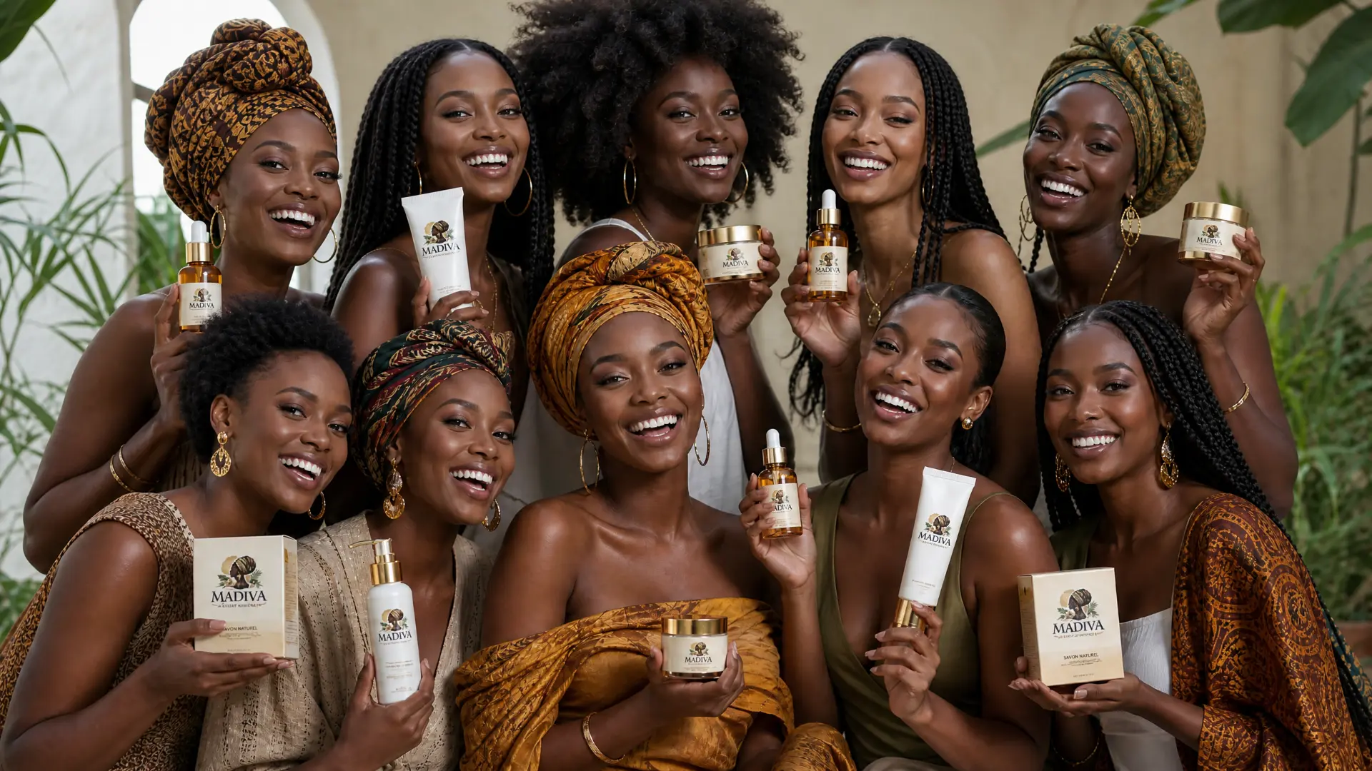 Neuf femmes africaines souriantes présentant les soins Madiva