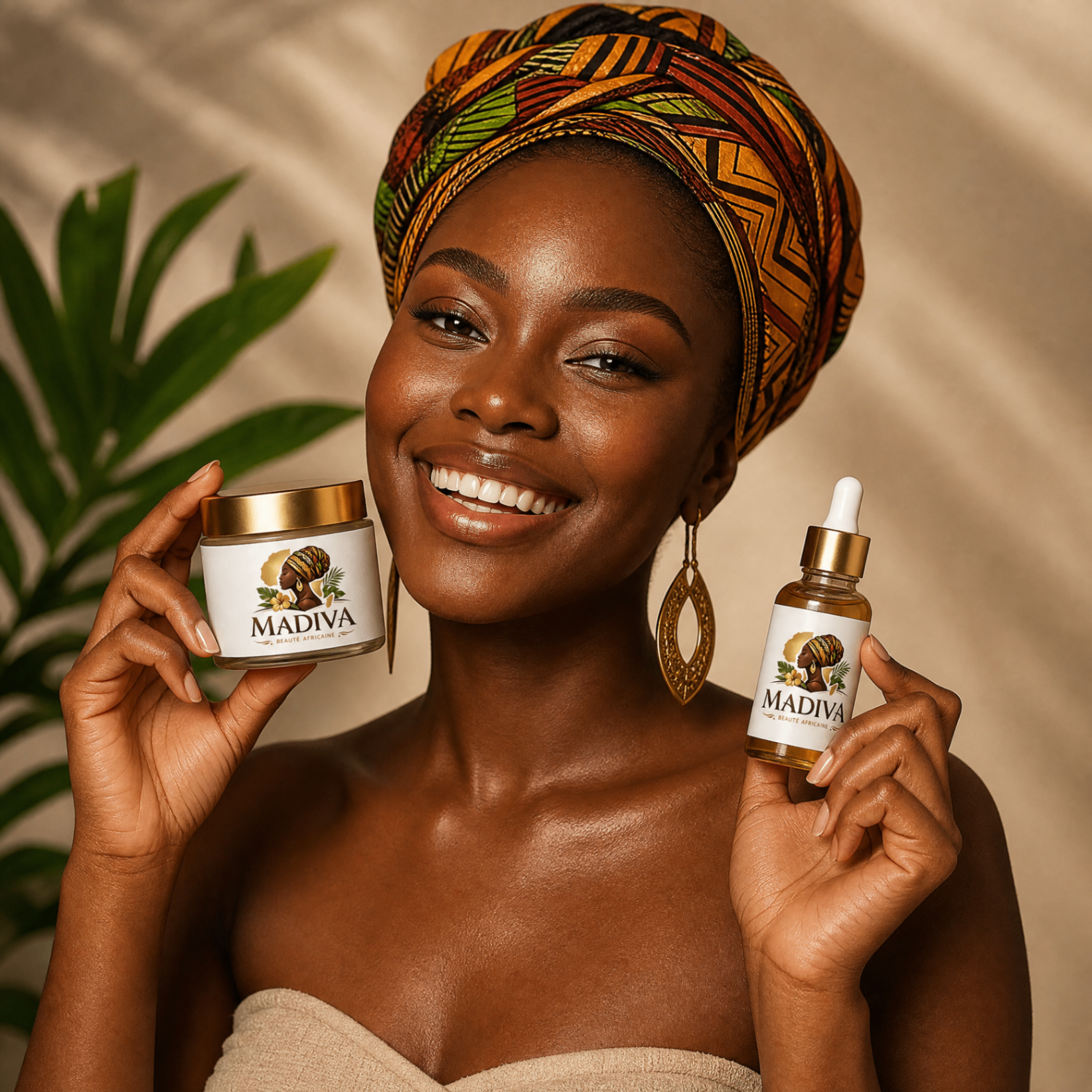 Femme africaine en foulard wax tenant un pot et un sérum Madiva