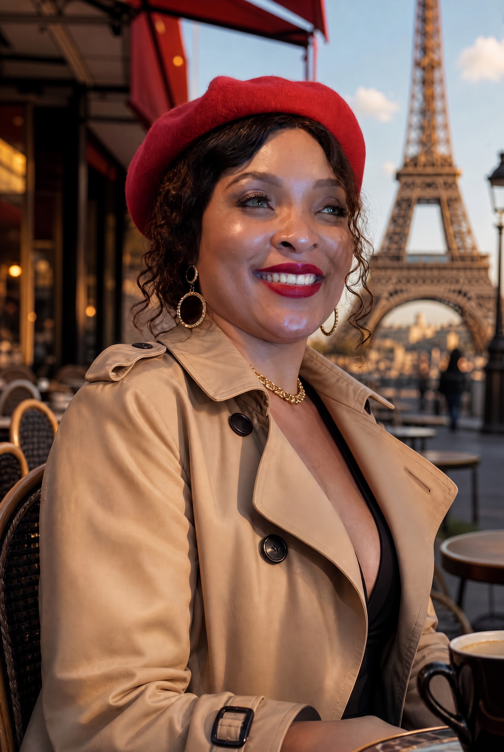 Fondatrice Madiva en béret rouge, terrasse parisienne face à la Tour Eiffel
