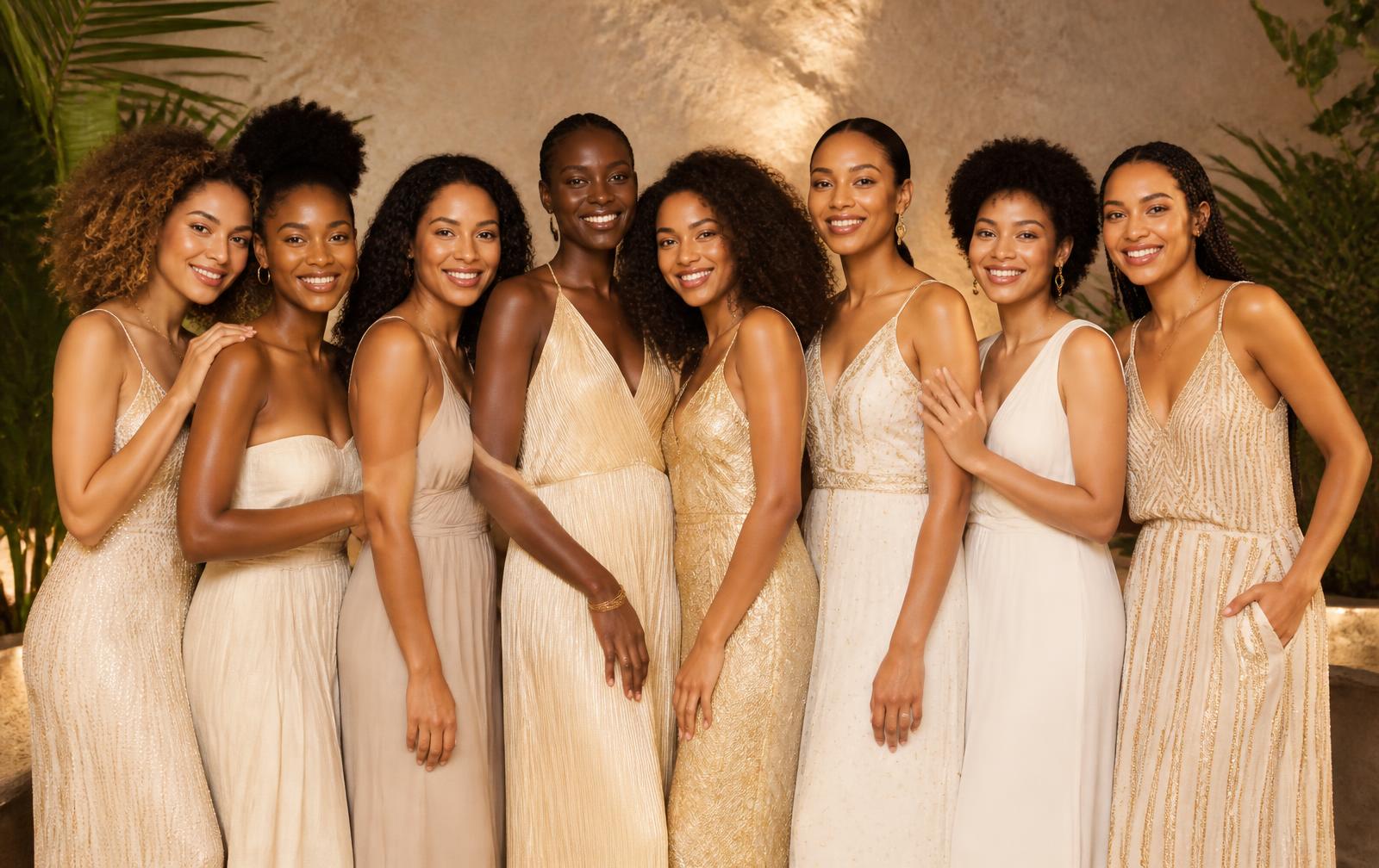 Groupe de huit femmes africaines et métissées souriantes en tenues dorées