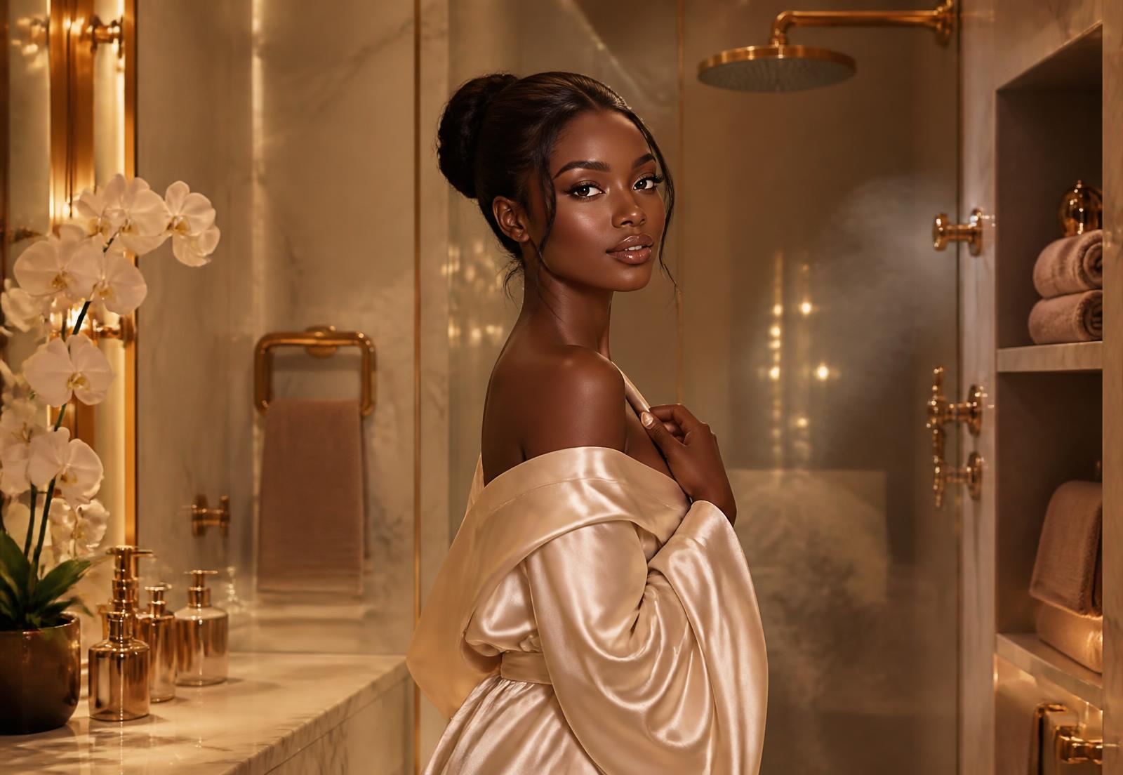Femme africaine rayonnante dans une salle de bain en marbre et laiton doré